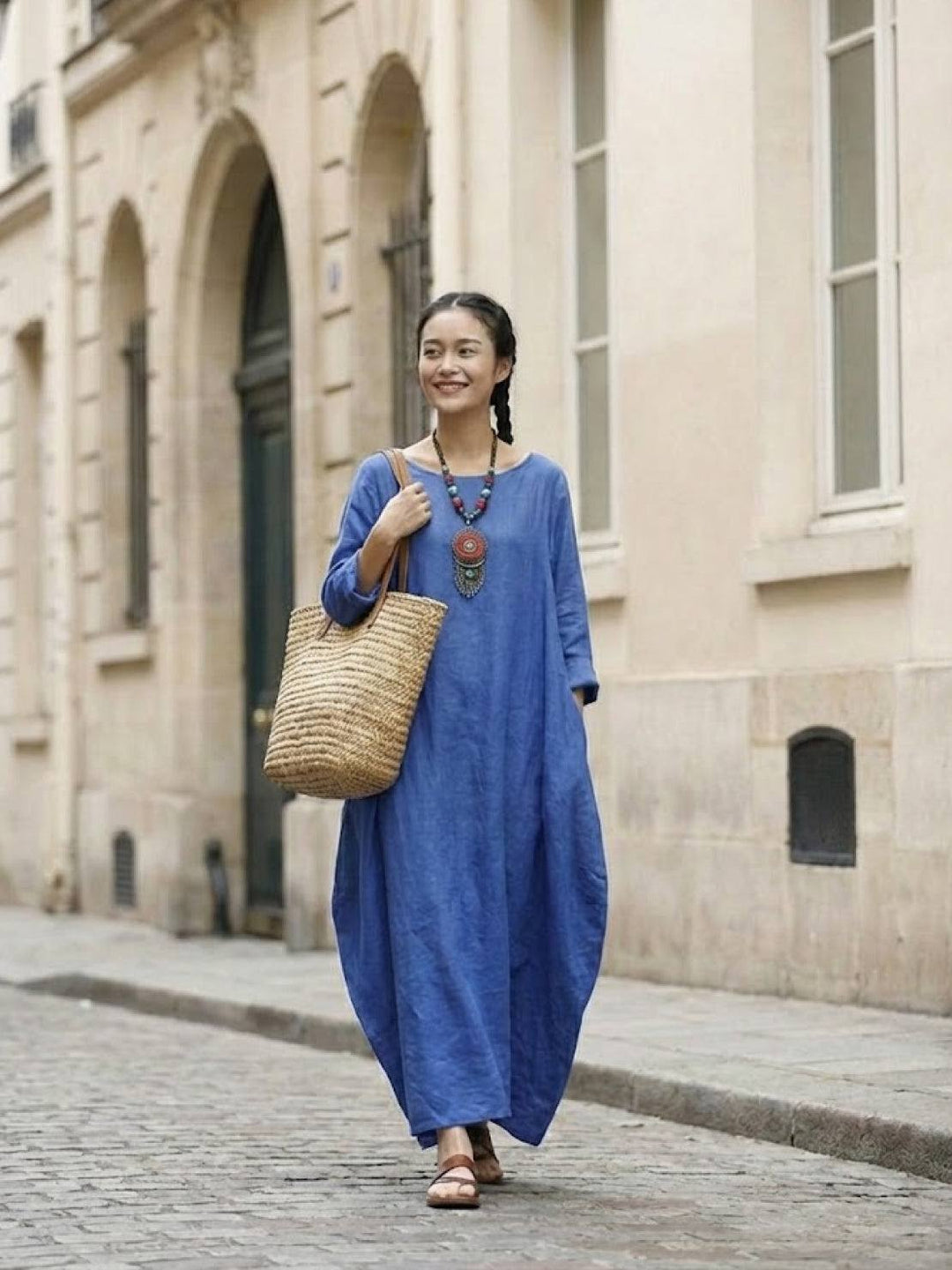 Clea | Damen Boho Maxikleid Oversized Fledermausärmel Unifarbe