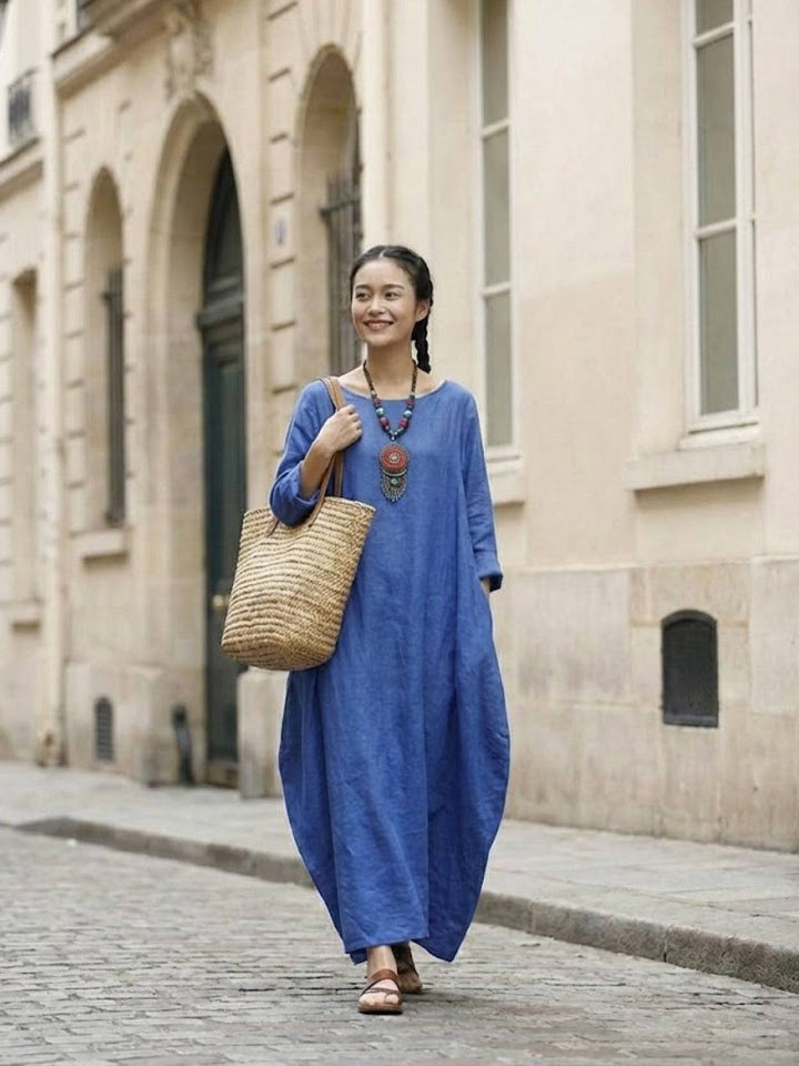 Clea | Damen Boho Maxikleid Oversized Fledermausärmel Unifarbe