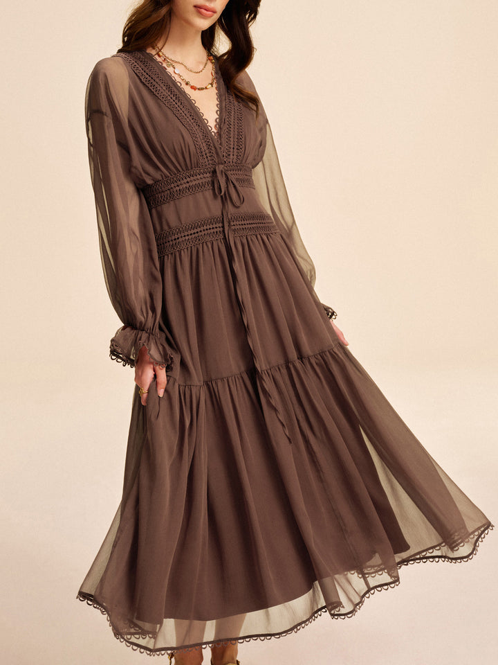 Sienna | Damen Boho Maxikleid Chiffon, V-Ausschnitt Langarm mit Spitze