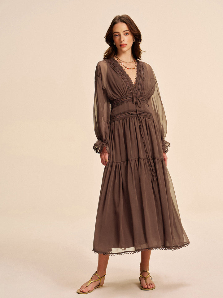 Sienna | Damen Boho Maxikleid Chiffon, V-Ausschnitt Langarm mit Spitze