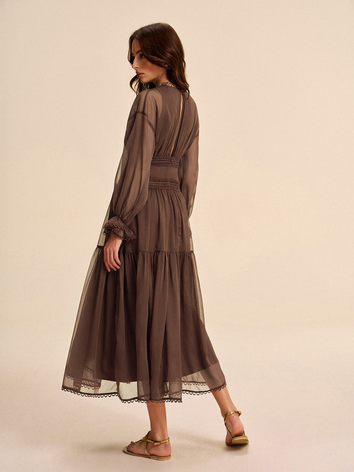 Sienna | Damen Boho Maxikleid Chiffon, V-Ausschnitt Langarm mit Spitze