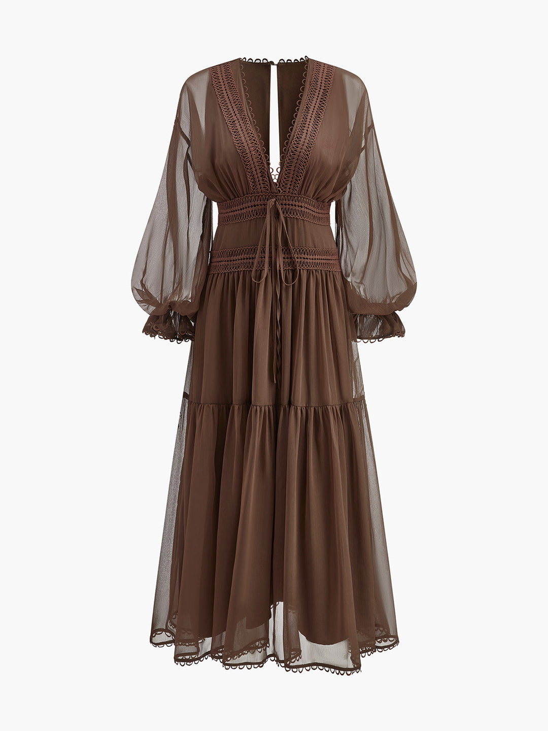 Sienna | Damen Boho Maxikleid Chiffon, V-Ausschnitt Langarm mit Spitze