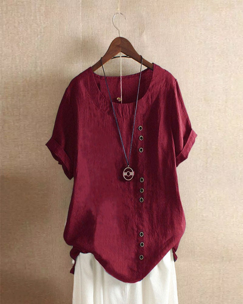 Janice | Damen bluse Kurzarm Rundhals Knopfleiste Sommer