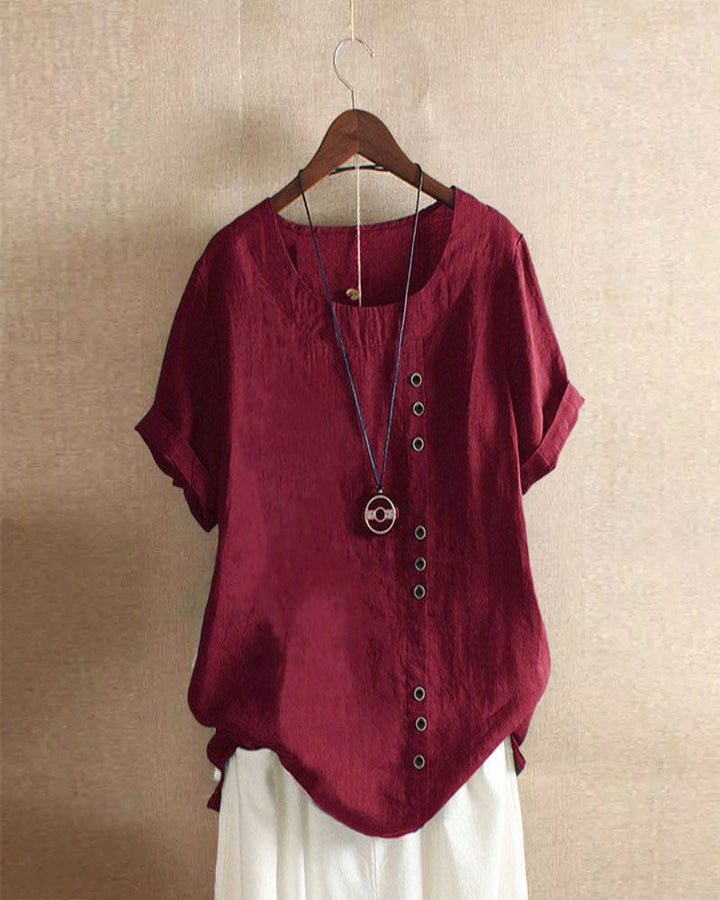 Janice | Damen bluse Kurzarm Rundhals Knopfleiste Sommer