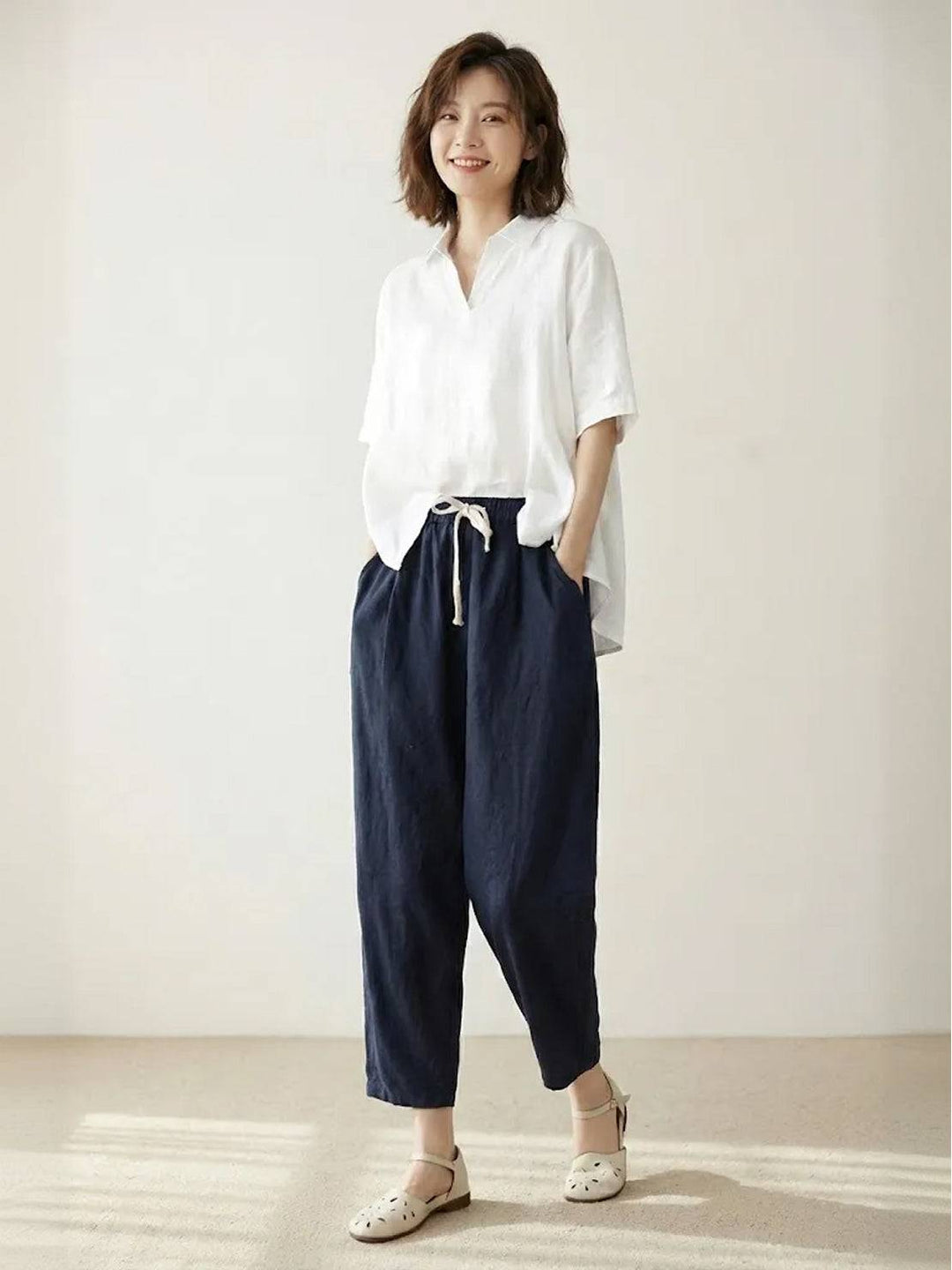 Nava | Damen hose Straight Leg Kordelzug Knöchellang