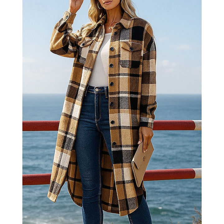 Bregunde | Damen Karierter Longline Mantel - Camel - Image 1