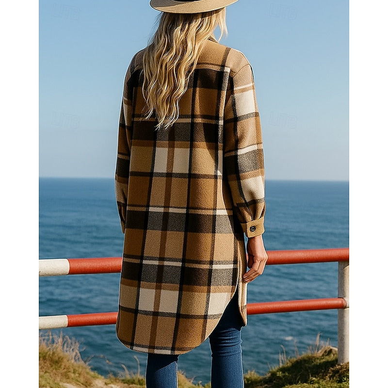 Bregunde | Damen Karierter Longline Mantel - Camel - Image 2