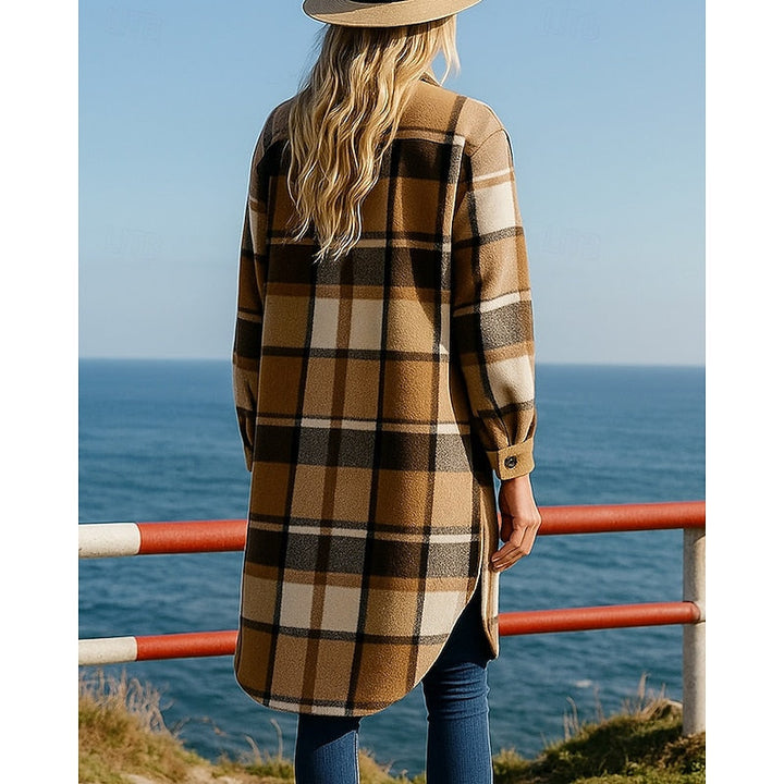 Bregunde | Damen Karierter Longline Mantel - Camel - Image 2