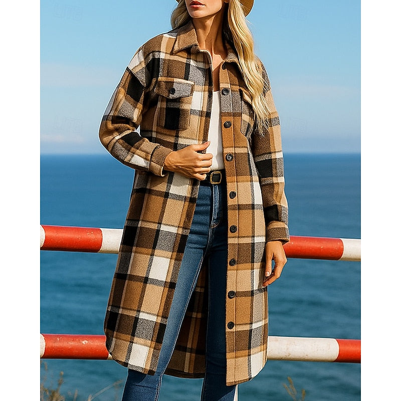 Bregunde | Damen Karierter Longline Mantel - Camel - Image 3