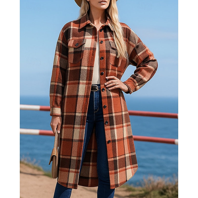 Bregunde | Damen Karierter Longline Mantel - Camel - Image 4