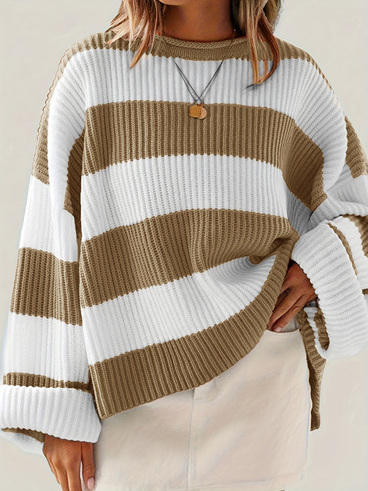 Bregwina | Damen Oversize Strickpullover Blockstreifen - Image 1