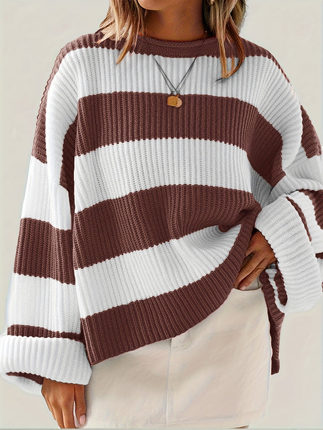Bregwina | Damen Oversize Strickpullover Blockstreifen - Image 7