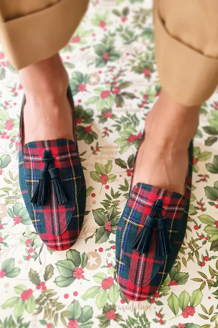 Bregwulf | Damen Karierte Slipper Loafers mit Quaste - Image 1