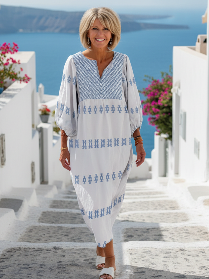 Brigitta | Damen V-Ausschnitt Langarm Maxikleid - White - Image 1