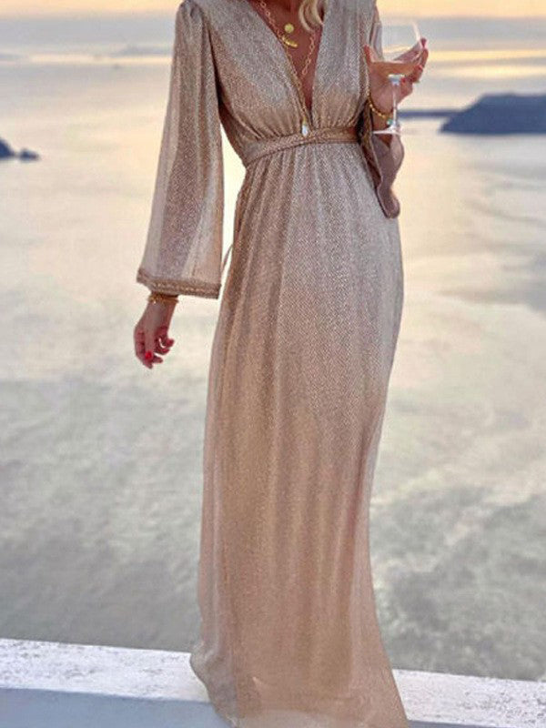 Brigitte | Damen Langarm V-Ausschnitt Maxikleid - Champagne - Image 1