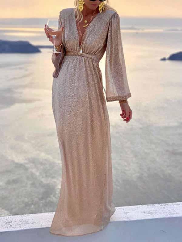 Brigitte | Damen Langarm V-Ausschnitt Maxikleid - Champagne - Image 6