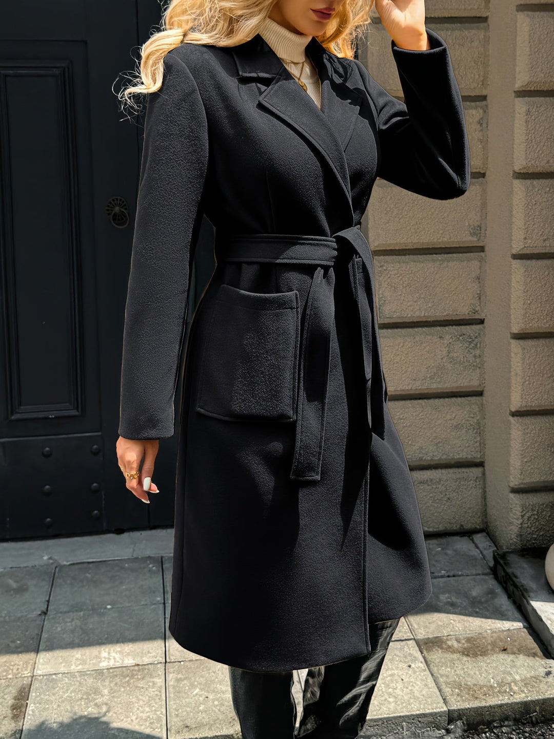 Brimdora | Damen Langer Mantel mit Bindegürtel - Camel - Image 16