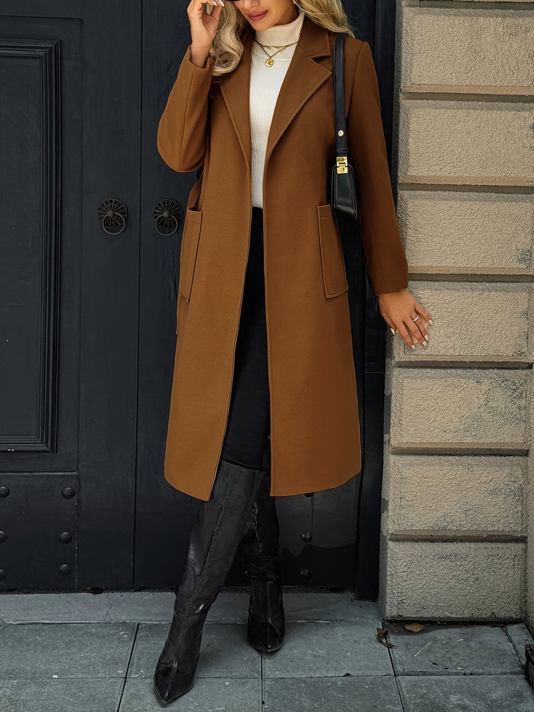 Brimdora | Damen Langer Mantel mit Bindegürtel - Camel - Image 9