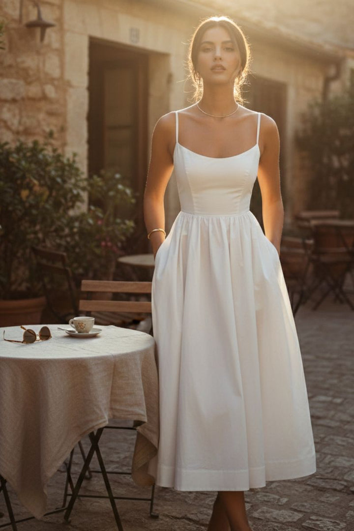 Britta | Damen Spaghetti Träger A-Linien Midikleid - Cream - Image 1