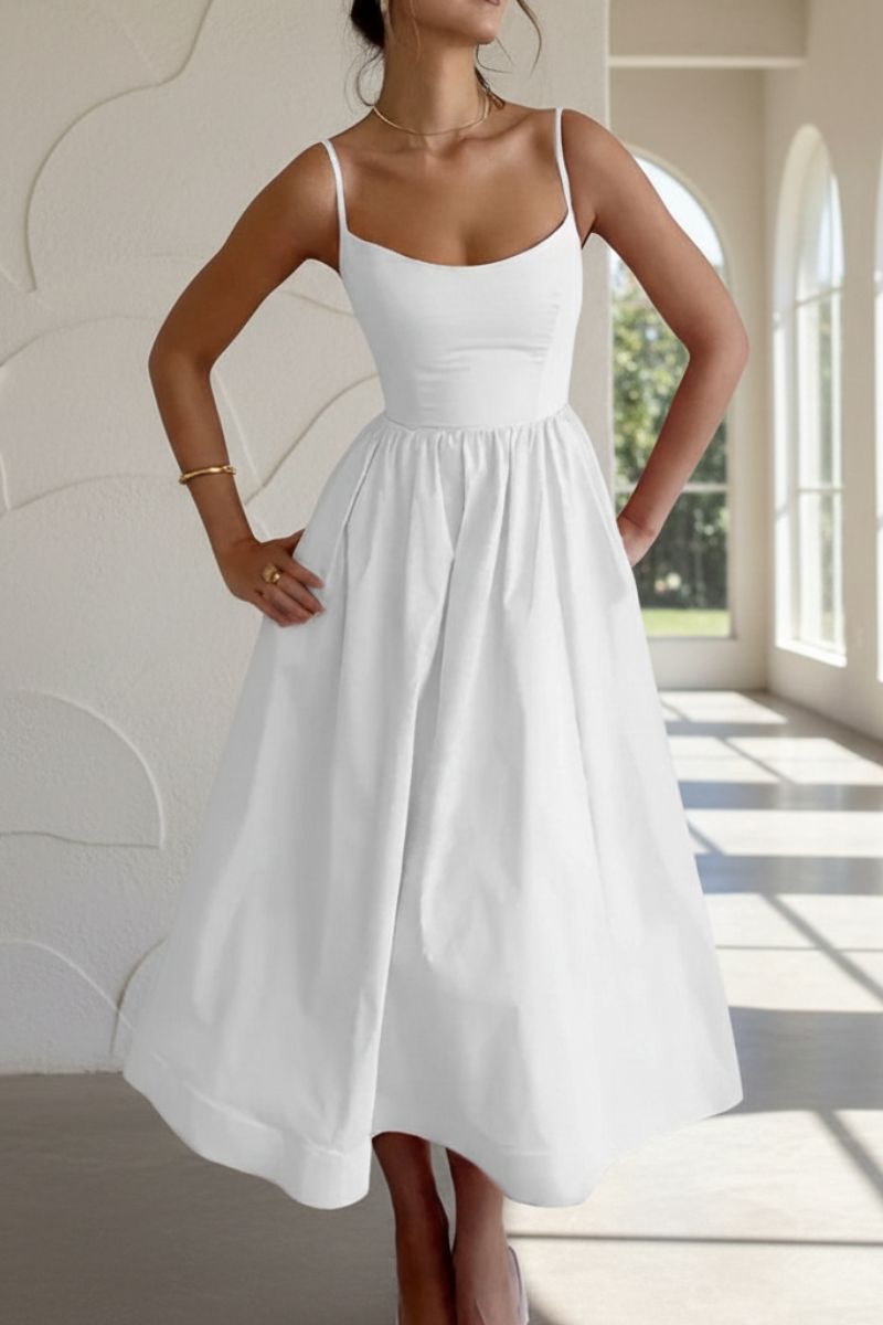 Britta | Damen Spaghetti Träger A-Linien Midikleid - Cream - Image 2