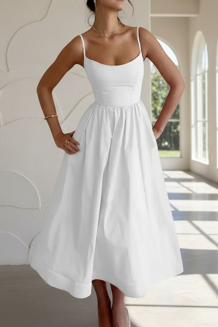 Britta | Damen Spaghetti Träger A-Linien Midikleid - Cream - Image 2