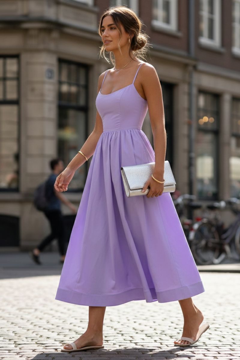 Britta | Damen Spaghetti Träger A-Linien Midikleid - Cream - Image 3