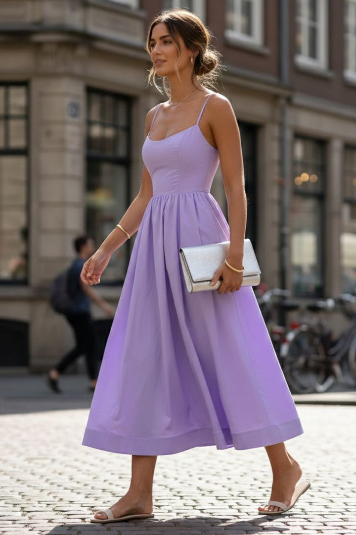Britta | Damen Spaghetti Träger A-Linien Midikleid - Cream - Image 3