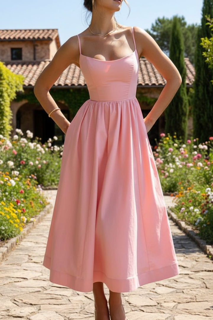 Britta | Damen Spaghetti Träger A-Linien Midikleid - Cream - Image 6