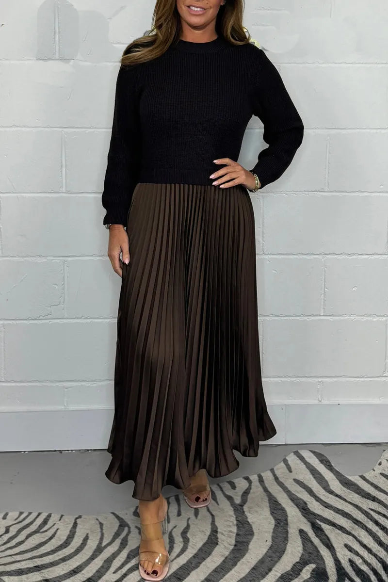 Britta | Damen Strickkleid Midi mit Plisseerock - Taupe - Image 3