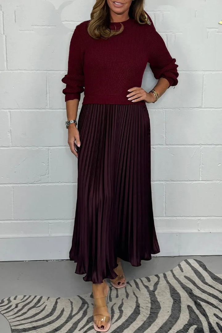 Britta | Damen Strickkleid Midi mit Plisseerock - Taupe - Image 4