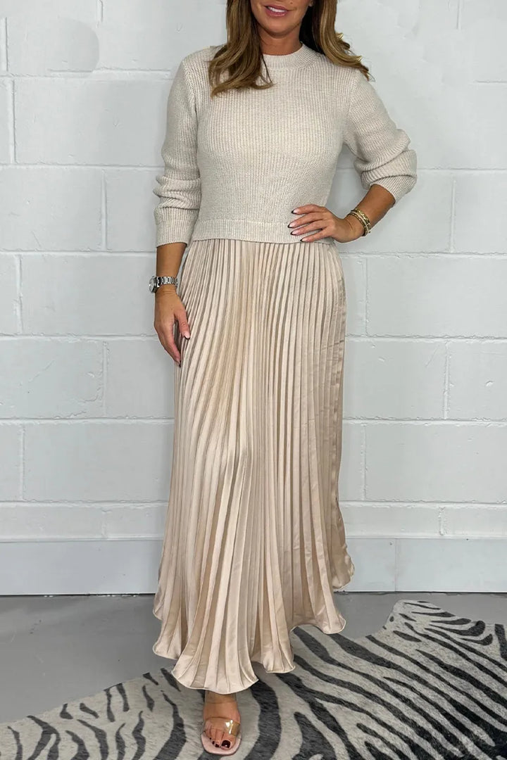 Britta | Damen Strickkleid Midi mit Plisseerock - Taupe - Image 6