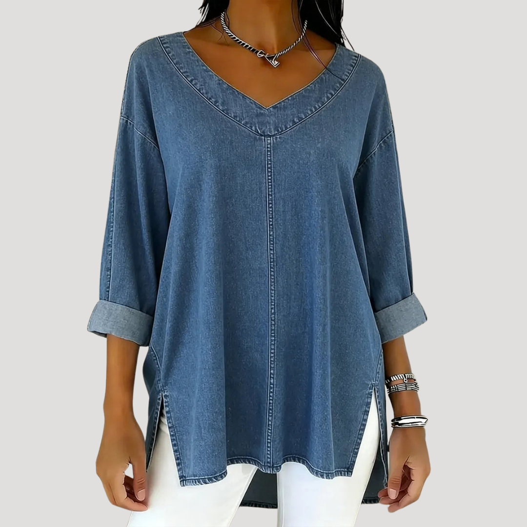 Britta | Damen V-Ausschnitt Jeanstunika 3/4 Arm - Blue - Image 1