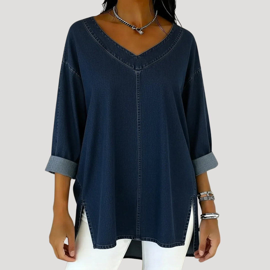 Britta | Damen V-Ausschnitt Jeanstunika 3/4 Arm - Blue - Image 3