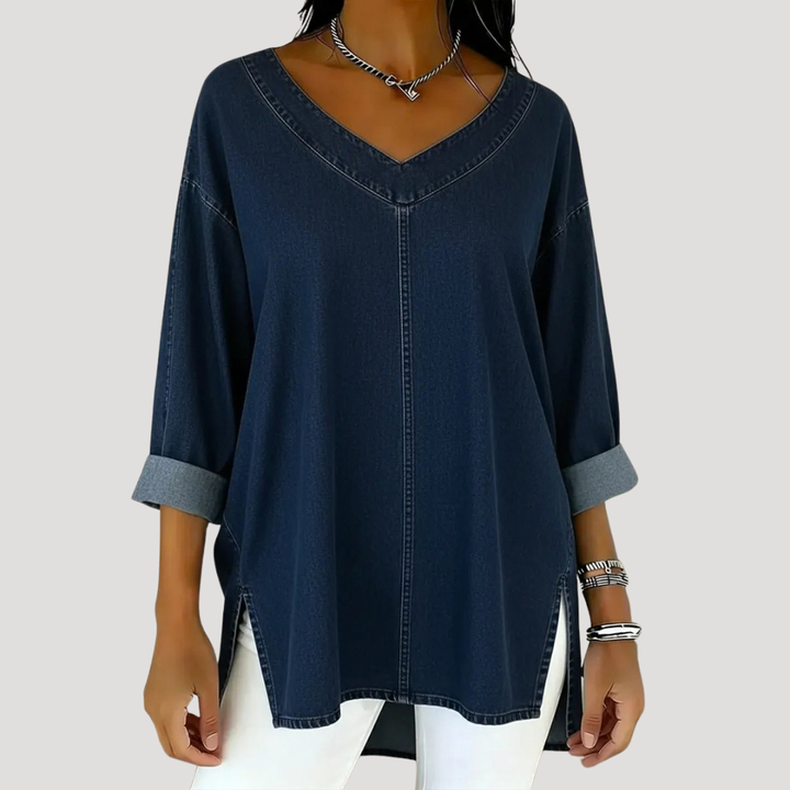 Britta | Damen V-Ausschnitt Jeanstunika 3/4 Arm - Blue - Image 3