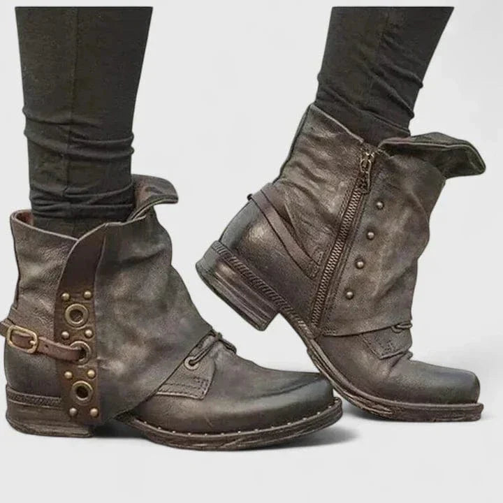 Brunhild | Damen Ankle Boot Vintage Nieten Stiefelette - Dark Brown - Image 1