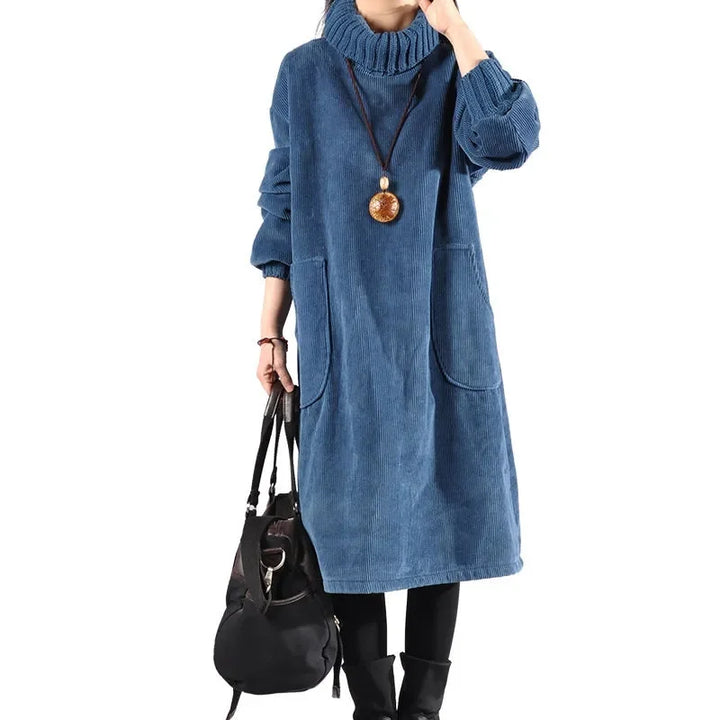 Brunhild | Damen Rollkragen Strickkleid Midi Winterkleid - Camel - Image 4