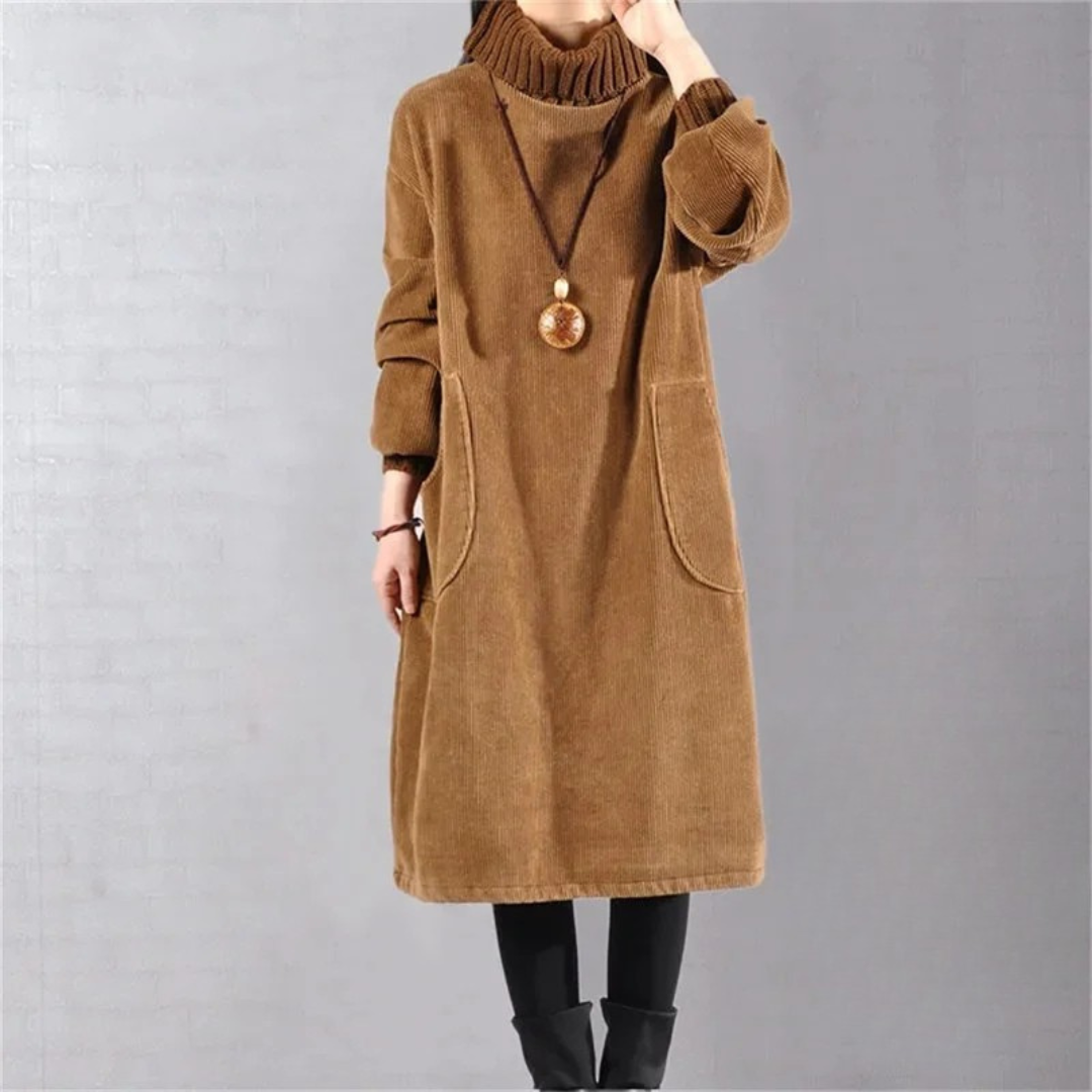 Brunhild | Damen Rollkragen Strickkleid Midi Winterkleid - Camel - Image 8