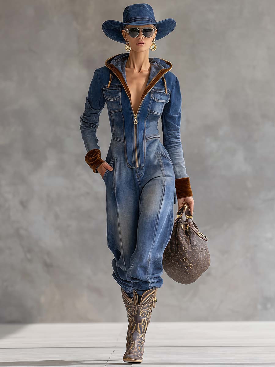 Brunhilde | Damen Kapuzen Jumpsuit mit Reißverschluss - Blue - Image 3
