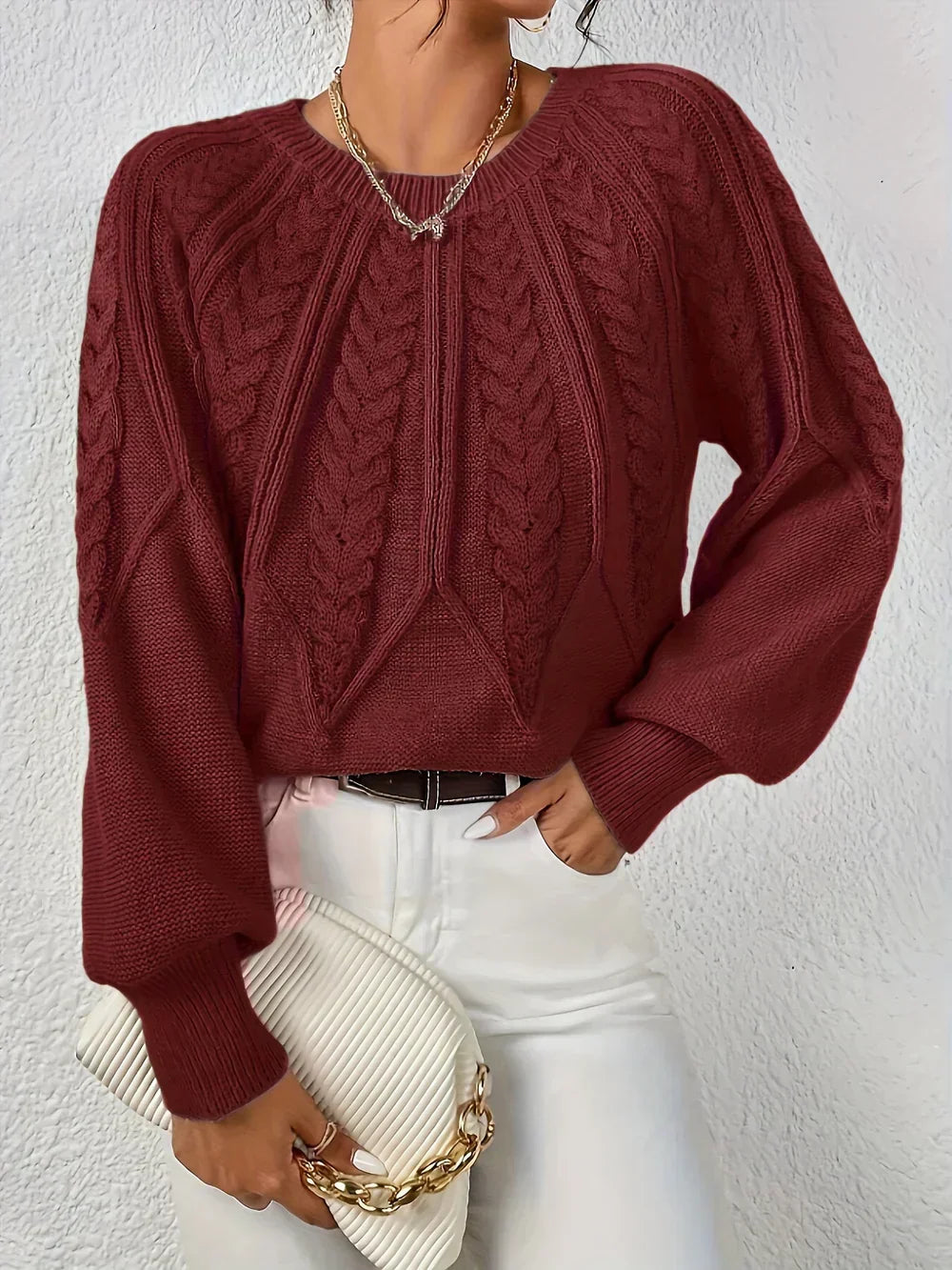 Brunhilde | Damen Strickpullover mit Zopfmuster - Sage - Image 3