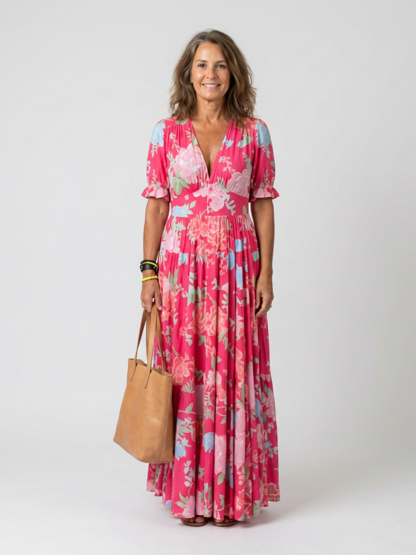 Brunhilde | Damen V-Ausschnitt Blumen Midi Kleid - Pink - Image 1