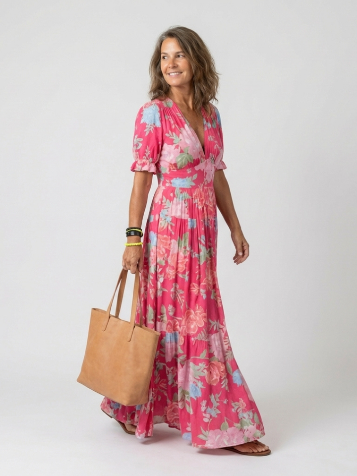Brunhilde | Damen V-Ausschnitt Blumen Midi Kleid - Pink - Image 2