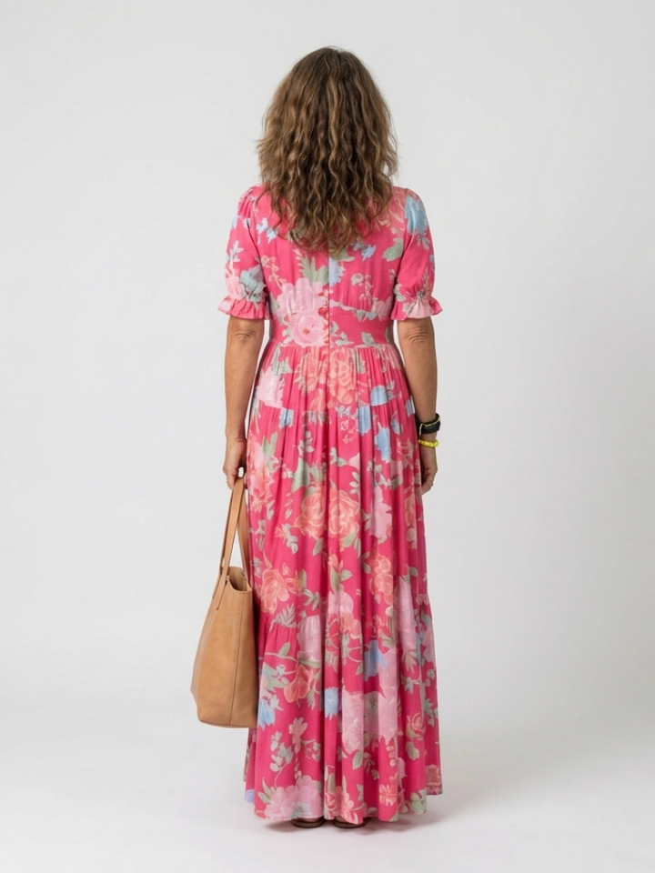 Brunhilde | Damen V-Ausschnitt Blumen Midi Kleid - Pink - Image 3