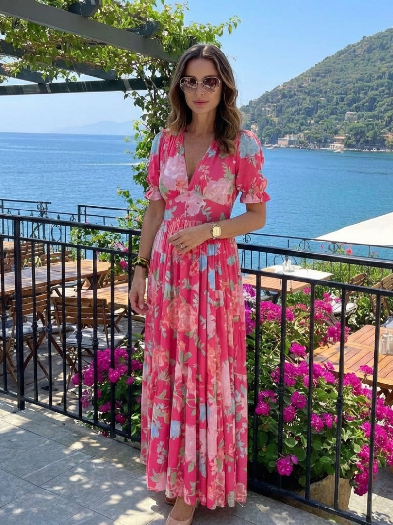 Brunhilde | Damen V-Ausschnitt Blumen Midi Kleid - Pink - Image 6