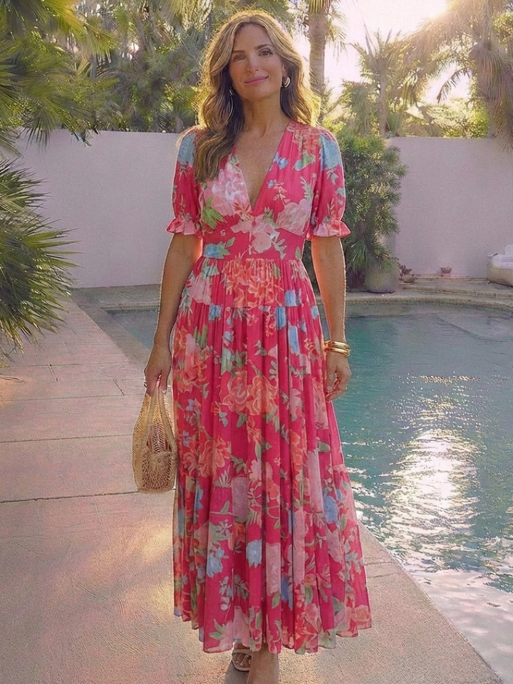 Brunhilde | Damen V-Ausschnitt Blumen Midi Kleid - Pink - Image 7