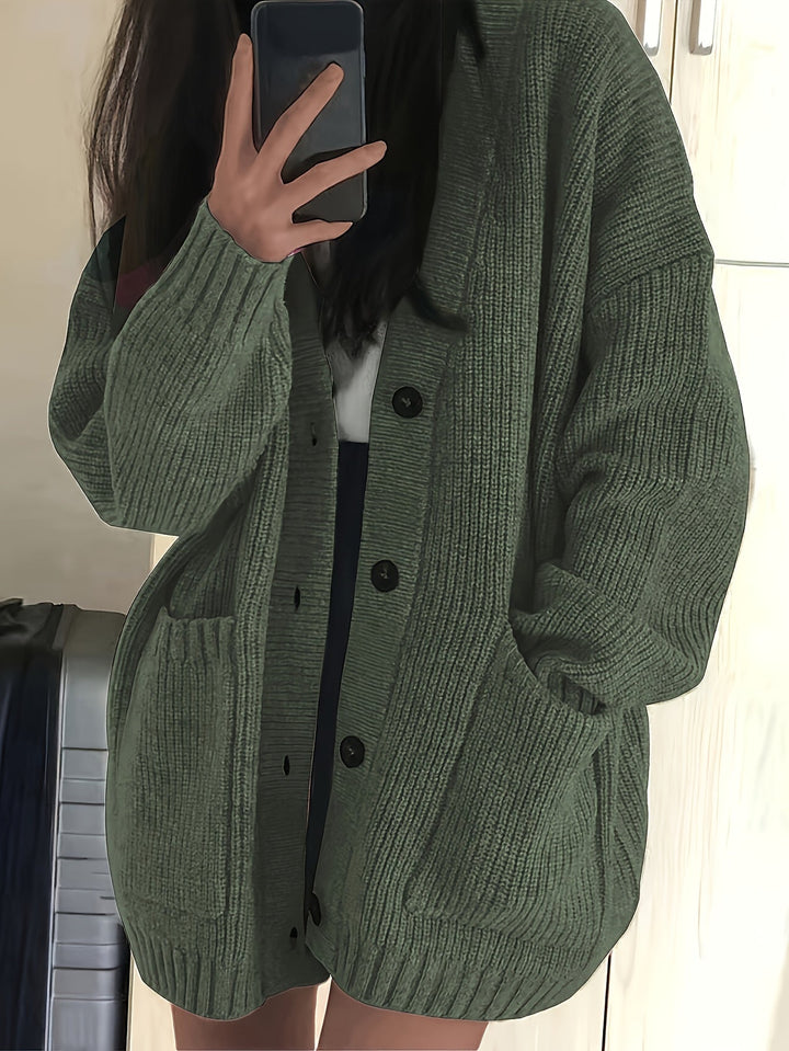 Brunike | Damen Oversize Strickjacke mit Knopfleiste - Olive Green - Image 1