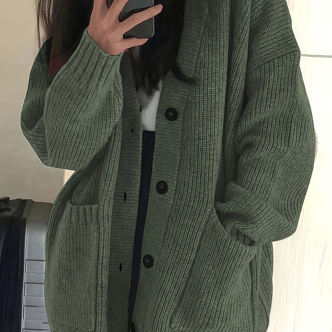 Brunike | Damen Oversize Strickjacke mit Knopfleiste - Olive Green - Image 12