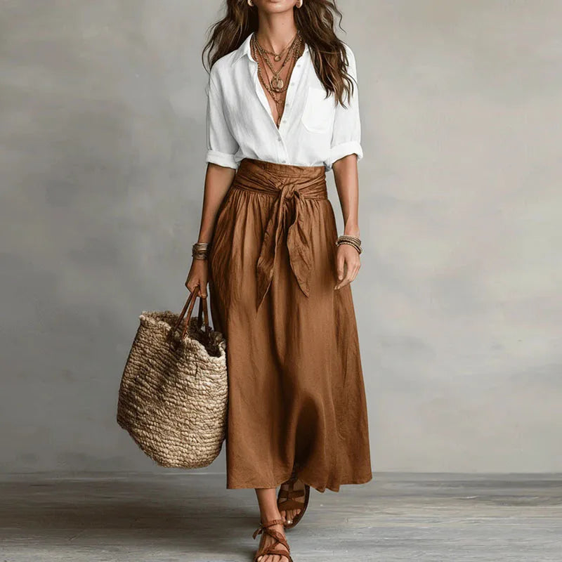 Brunilda | Damen Zweiteiliges Set Bluse Rock - Beige - Image 2