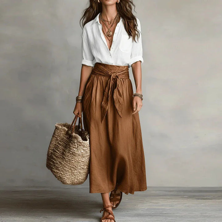 Brunilda | Damen Zweiteiliges Set Bluse Rock - Beige - Image 2