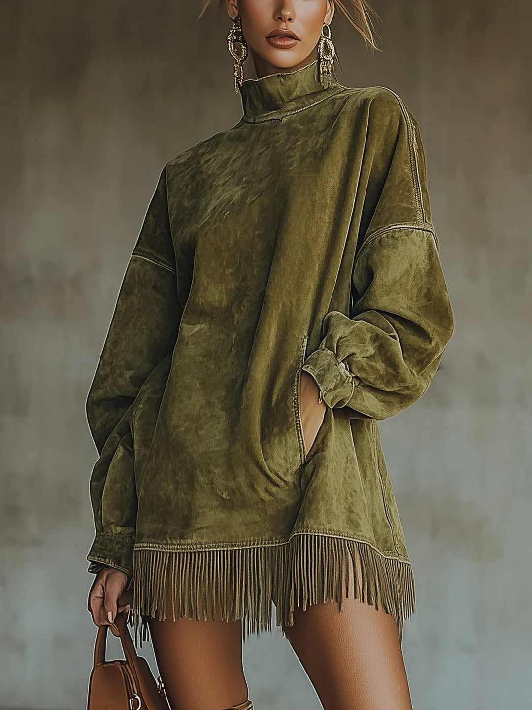Brunna | Damen Fransensaum Strickkleid Oversized, 60 Chars - Olive Green - Image 1