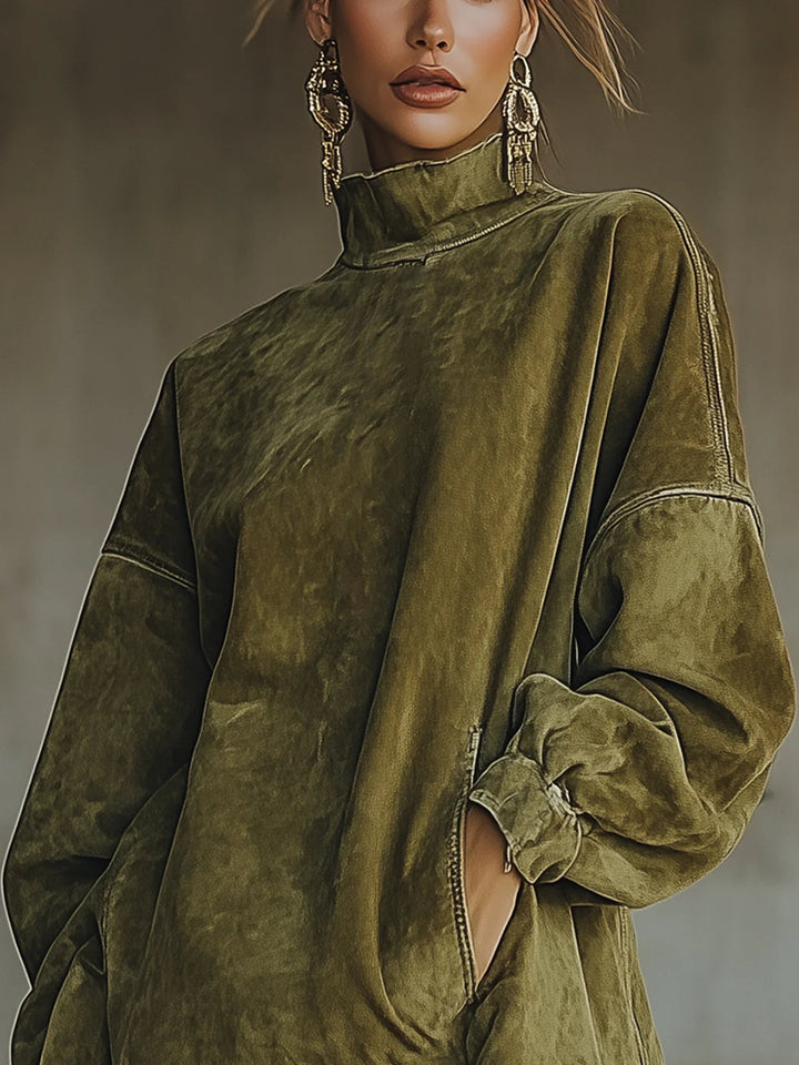 Brunna | Damen Fransensaum Strickkleid Oversized, 60 Chars - Olive Green - Image 2